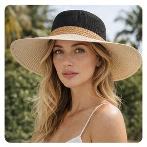 14TH & UNION TWO TONE WIDE BRIM STRAW SUN HAT ONE SIZE